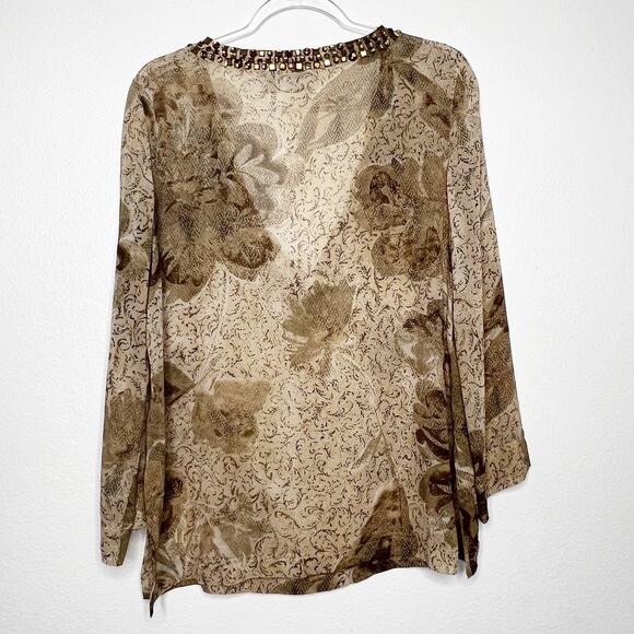 CHICO'S Silk Rhinestone Bead Embellished Sheer Tunic Blouse Top Womens Medium - Picture 5 of 8